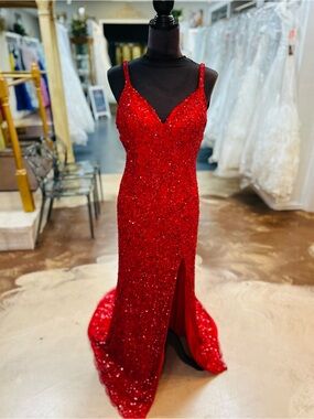 Aleta Red Sequin Spaghetti-Strap Prom Dress with Front Slit
